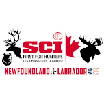 SCF logo featuring a red maple-leaf map outline, with bilingual text 'First for Hunters' / 'Les Chasseurs d'Abord' and 'Newfoundland & Labrador' plus small Canadian and provincial flags